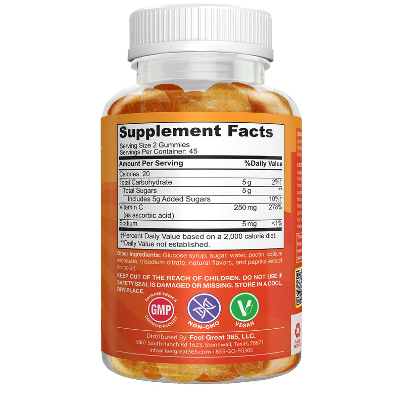 Feel Great Kids Vitamin C Gummies, 250mg Immune Support, Vegan, 90 Ct | Daily Immune Support, Antioxidant Vitamin C, 250mg per Serving, Vegan Gummy for Kids