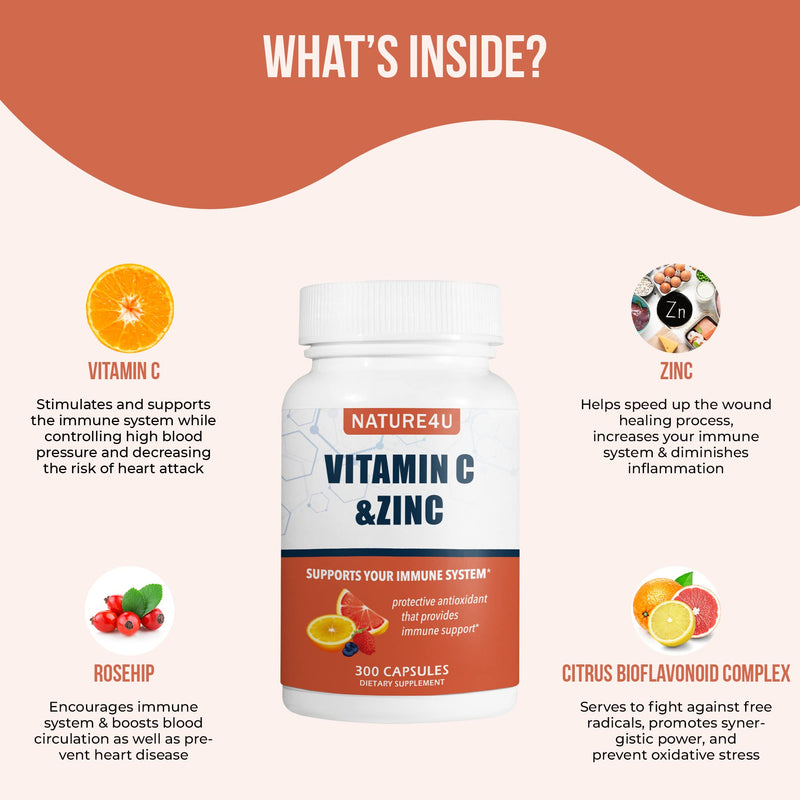 Vitamin C 1000mg with Zinc, Rose HIPS and Citrus Bioflavonoids, Immune Support Supplement Antioxidants Protection, 300 Capsules 300 Count (Pack of 1)