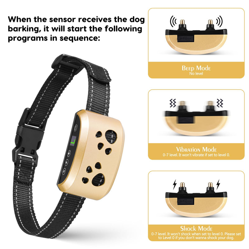 Dog Bark Collar, Svtrat Smart Bark Collar for Small Medium Large Dogs Anti Bark Collars with 4 Training Modes and 7 Level Sensitivity, Barking Collar Gold - BeesActive Australia