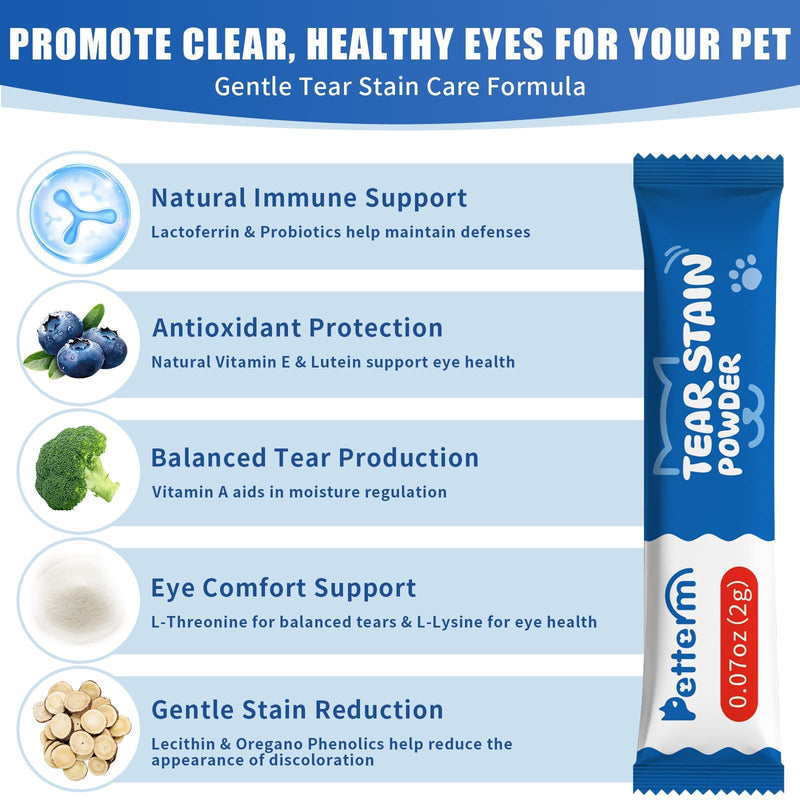 PETTERM Tear Stain Powder for Dogs and Cats - Internal Eye Health Supplement with 6 Billion CFU Probiotics & Lactoferrin - 15 Pre-Measured Sachets, Picky Eater Approved Chicken Flavor (1.06oz)