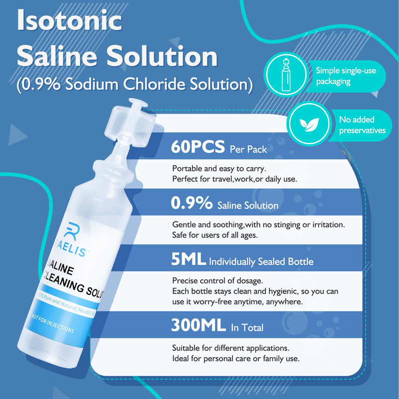 Saline Solution, 300ml /10.56 FL OZ Normal Solution for Multiple Household Uses, 5ml Each, 60 per Box