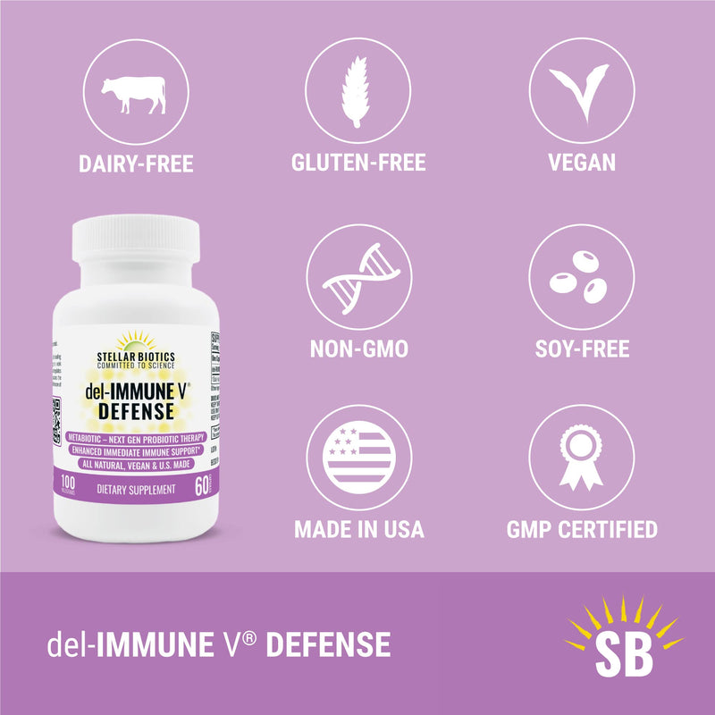 Del-Immune V® Defense by Stellar Biotics, All-Natural Immune Support & Gut Health (+) Immediate Care, Metabiotic: NextGen Probiotic Therapy (60 Caps) 60 Count (Pack of 1)