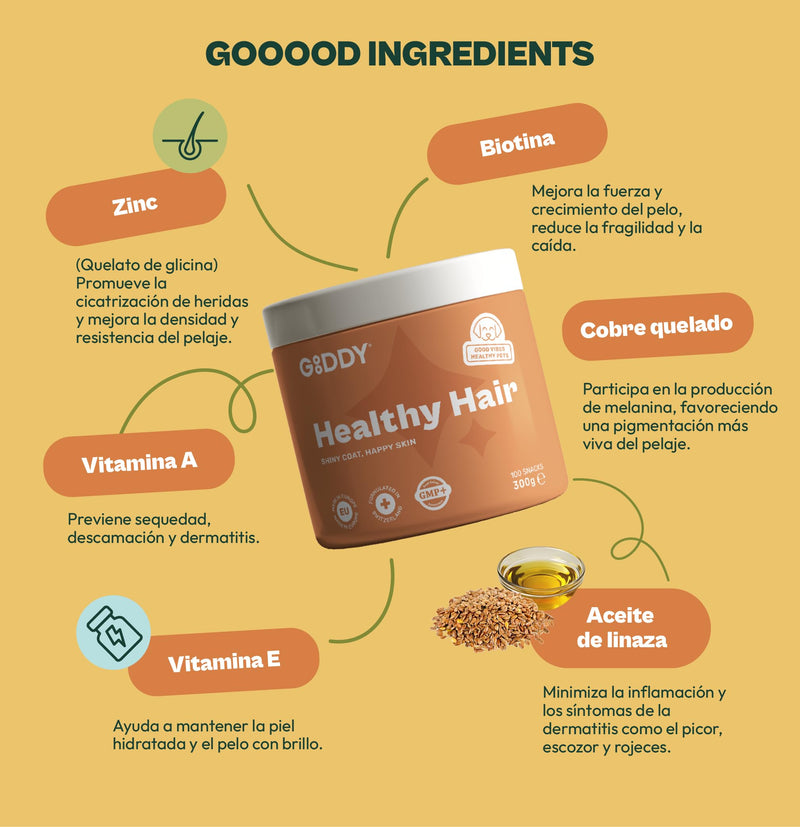 Gooddy Healthy Skin & Glowing Coat Supplement for Dogs, 100 Snacks, 300g - Improves Color and Healing, Minimizes Itching and Stinging with Biotin, Zinc, L-Tyrosine, Vitamins A and E, Flaxseed