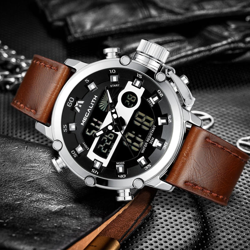 MEGALITH Mens Watches Waterproof Digital Military Sport Tactical Multifunction Heavy Duty Led Rugged Watch for Men, Alarm Stopwatch, Nylon/Leather Strap 4-Brown Silver