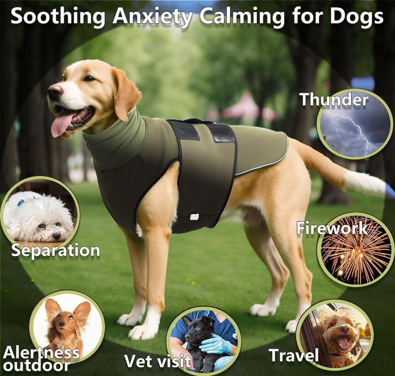TOPSOSO Anti-Anxiety Dog Jacket with Hood Turtleneck Dog Vest Calming Coat Velcro Fastener for Easy Adjustment and Reflective Strips Dog Coat for Anxious Large Dogs (Olive L) Olive Green - BeesActive Australia