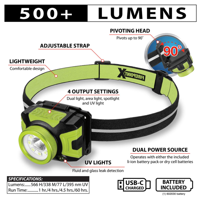 Performance Tool W2621 500+LM Firepoint Dual-Power LED Headlamp - Adjustable Strap, UV Light, Spotlight, Area Light, Li-Ion, Green/Black