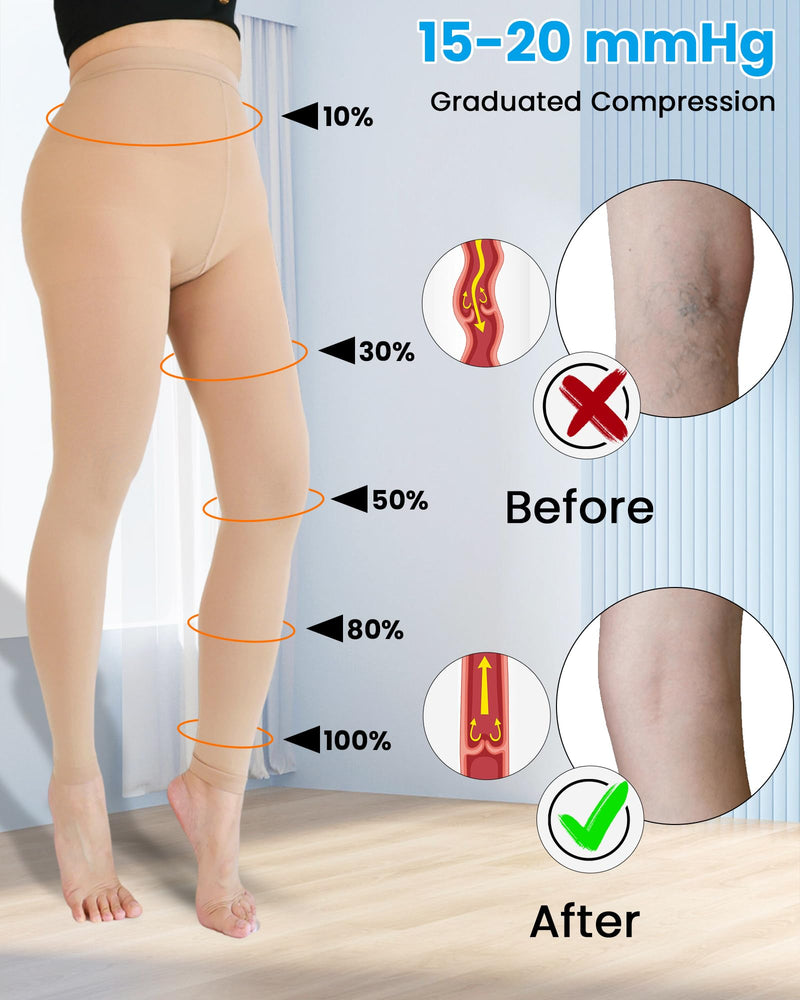 Medical Compression Leggings for Women, 15-20 mmHg Compression Pantyhose Large Beige