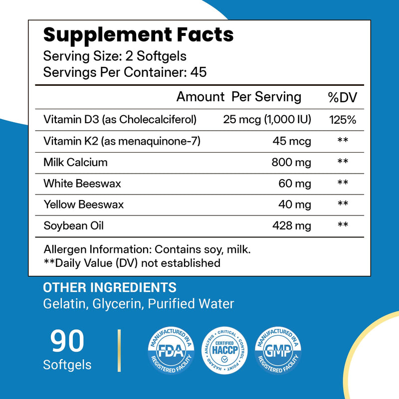 Milk Calcium 800mg with Vitamin D3 & K2, Easy-Absorb, 90 Softgels | 1000 IU Vitamin D3, 45mcg Vitamin K2, Non-GMO, Gluten Free, Supports Bone Density & Joint Health 1 Bottle