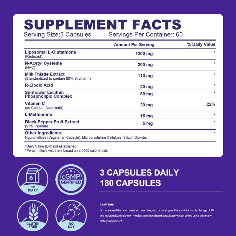 Liposomal Glutathione Supplement 1200mg Plus - with NAC, Milk Thistle, R-Lipoic Acid & Vitamin C, Built-in Regeneration System for Liver, Skin & Cellular Health, Non-GMO, 180 Capsules