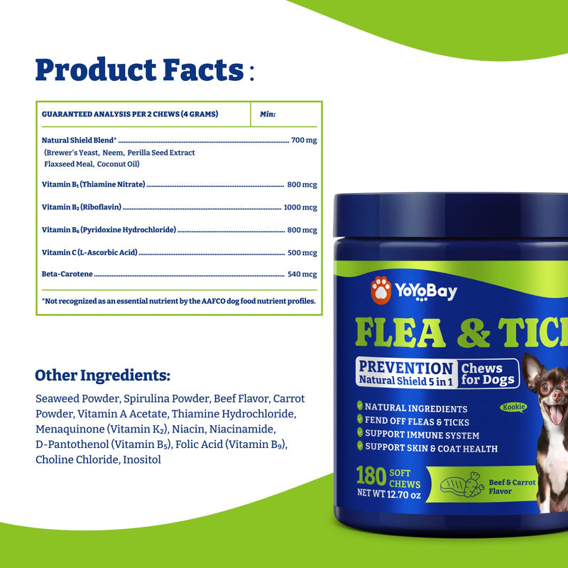 Flea & Tick Prevention for Dogs Chewables, Natural Dog Flea and Tick Control Treatment, Oral Flea Pills, Dogs Supplement, Natural Shield 5-in-1 Protection, Beef & Carrot Flavor, 180 Soft Chews Beef & Carrot-180-Blue