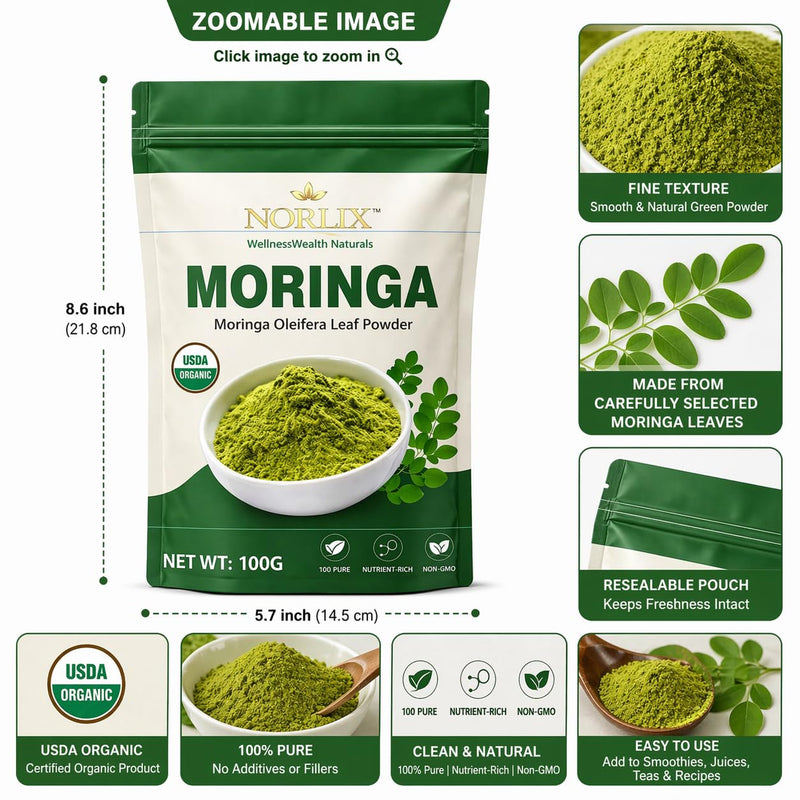 Organic Moringa Leaf Powder, 100% Pure Organic Superfood, Plant-Based, 100G (3.5 OZ).