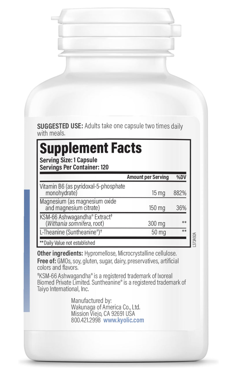 Kyolic Specialty Series Calm Mood, 120 Capsules | Stress Relief and Mood Support*, Calm Relaxation Formula with KSM-66 Ashwagandha, L-Theanine and Magnesium, GMO-Free 120 Count (Pack of 1)