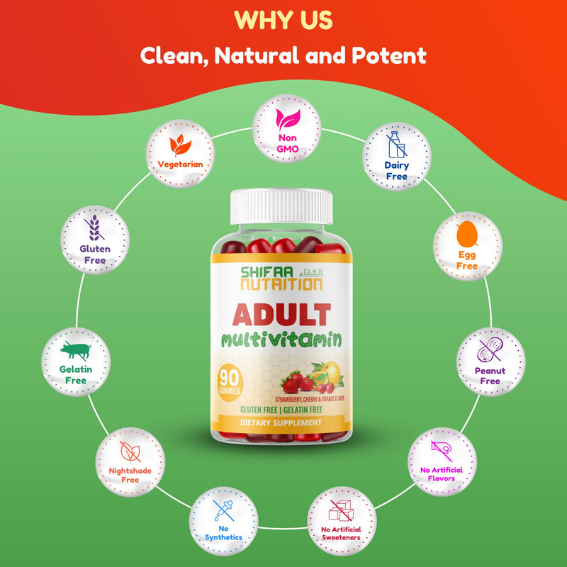 Halal & Vegetarian Multivitamin Gummies for Adults, 45 Servings. With 12 Essential Vitamins & Minerals. Gelatin & Gluten Free. Non GMO Gummy Vitamins for Women & Men Support Immune & Overall Wellness
