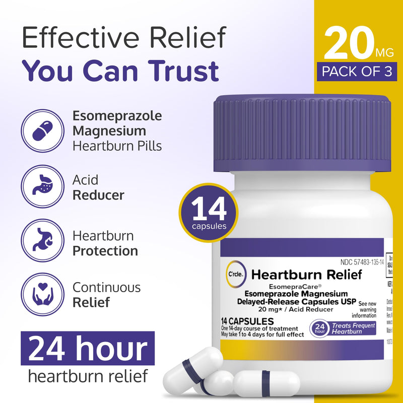 Esomeprazole Magnesium 20mg Capsules - Heartburn Medicine - 24 Hour Acid Reducer - Delayed Release Mini Capsules - Acid Reflux Medicine and Digestive Support - Six 14 Ct Bottles 84 Count