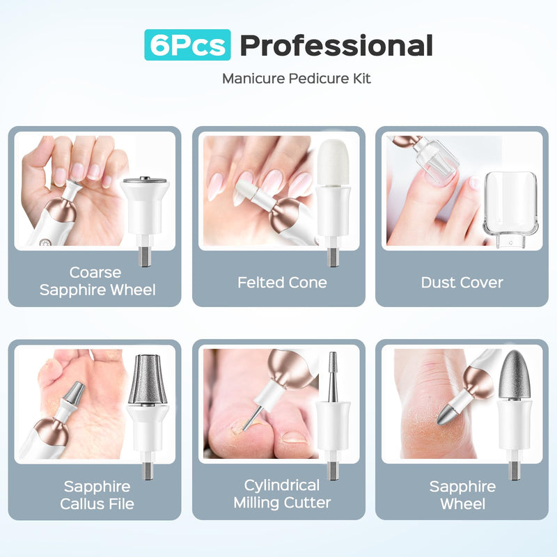COSLUS C30 Professional Manicure Pedicure Kit: 5 in 1 Electric Nail File Set Toenail Grinder, 5 Speed Cordless Nail Drill for Thick Nail Toenail Cuticle, Hand Feet Trimmer Buffer for Women Men Baby Bright White - BeesActive Australia