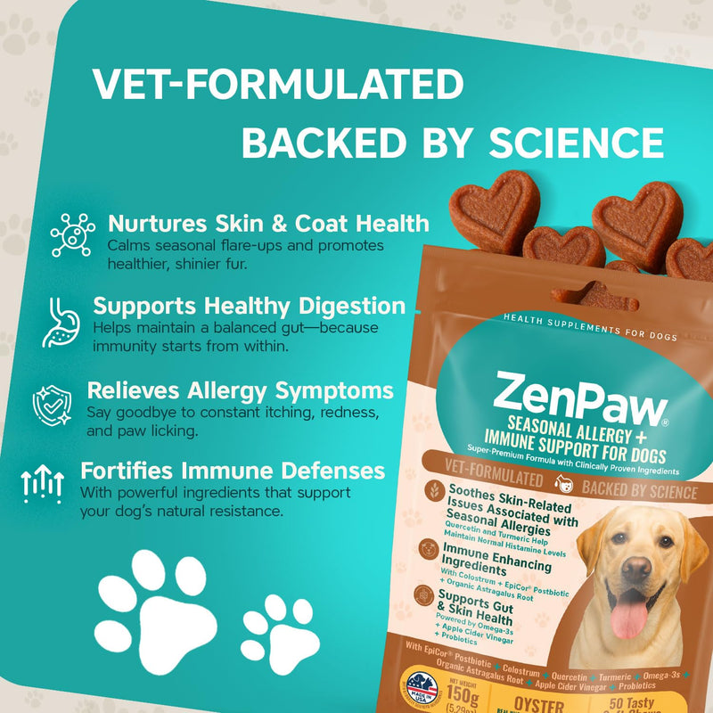 Seasonal Allergy & Immune Support for Dogs, 50 Tasty Oyster Soft Dog Chew Treats; Vet-Formulated Pet Dog Supplies that Promote Dog Allergy Relief & Itch Relief for Dogs