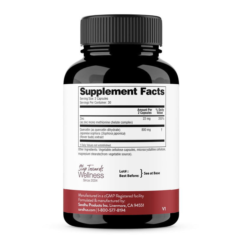 Zinc Quercetin Supplements 60 Vegetarian Capsules for Men & Women | Zink Supplement for Immune & Antioxidant Support cGMP Made in USA Pack of 1 By Sandhus 60 Count (Pack of 1)