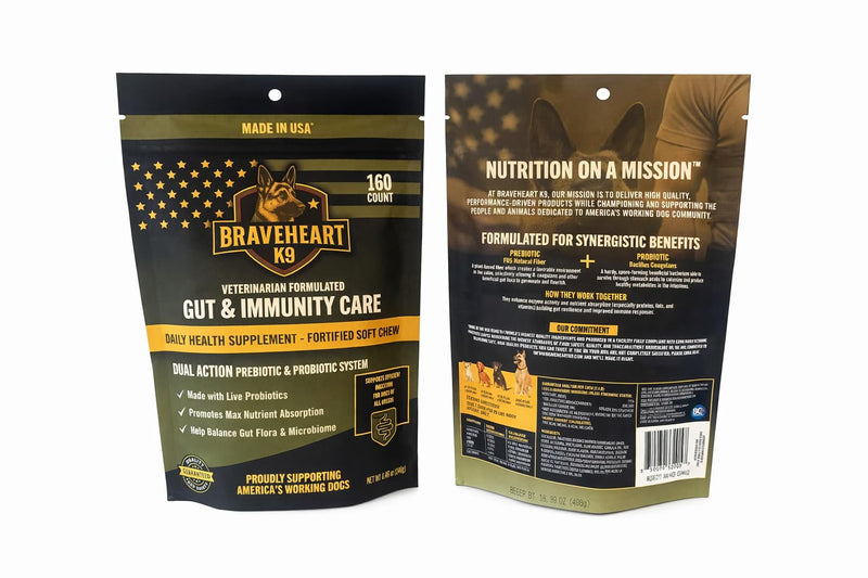 Braveheart K9 Gut & Immunity Care Dog Supplement, Veterinarian Formulated, Dual Action Prebiotic & Probiotic System, Fortified Soft Chew, 160 Count