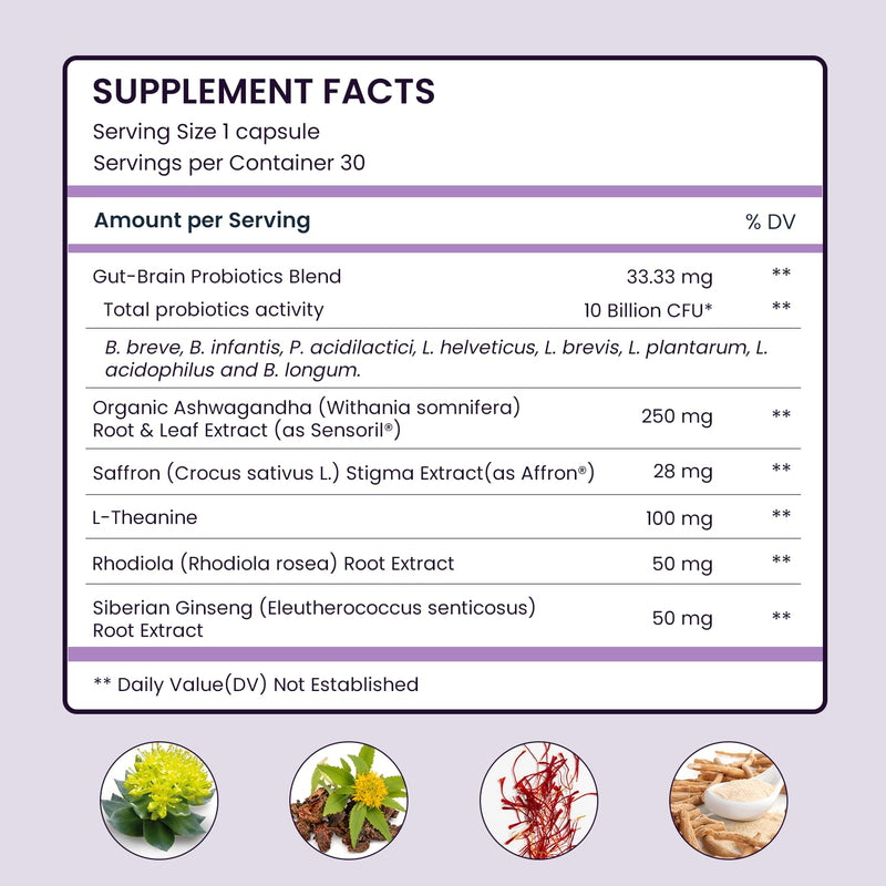 UpNourish Organic Ashwagandha Saffron Supplements with Probiotics - Stress Relief, Mood Enhancer, Calm Happy Pills Support Fatigue Focus Clarity with L-Theanine, Rhodiola, 30 Vegan Capsules