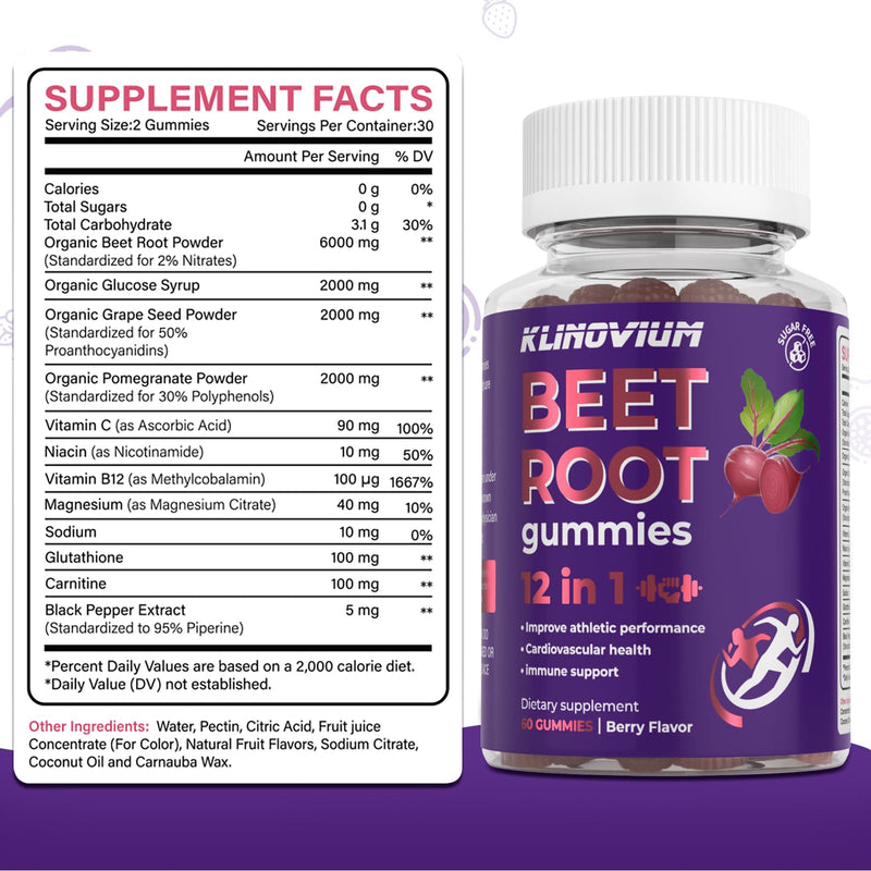 Nitric Oxide Beet Root Gummies 6000MG with Grapeseed Powder, Pomegranate Powder, Glutathione, Vitamin C & B12 – Sugar-Free, Mixed Berry Flavor – 60 Gummies