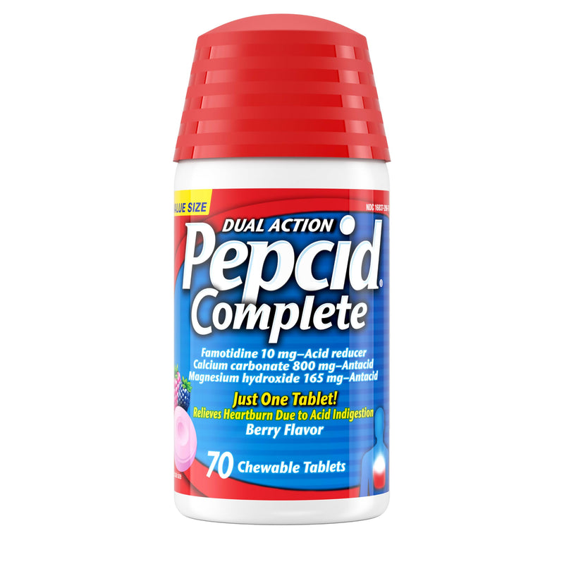 Pepcid Complete Acid Reducer + Antacid Chewables, 10mg Famotidine, 800mg Calcium Carbonate & 165mg Magnesium Hydroxide per Heartburn Medicine Tablet, Antacid Chews, Berry Flavored, 70 ct 70 Count - BeesActive Australia