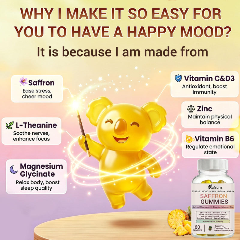 Saffron Gummies with Magnesium, L-Theanine, Vitamins - Happy Gummies for Stress Relief & Mood Support Saffron Supplements for Adults & Kids, Sugar Free Pineapple Flavor, 60 Gummies
