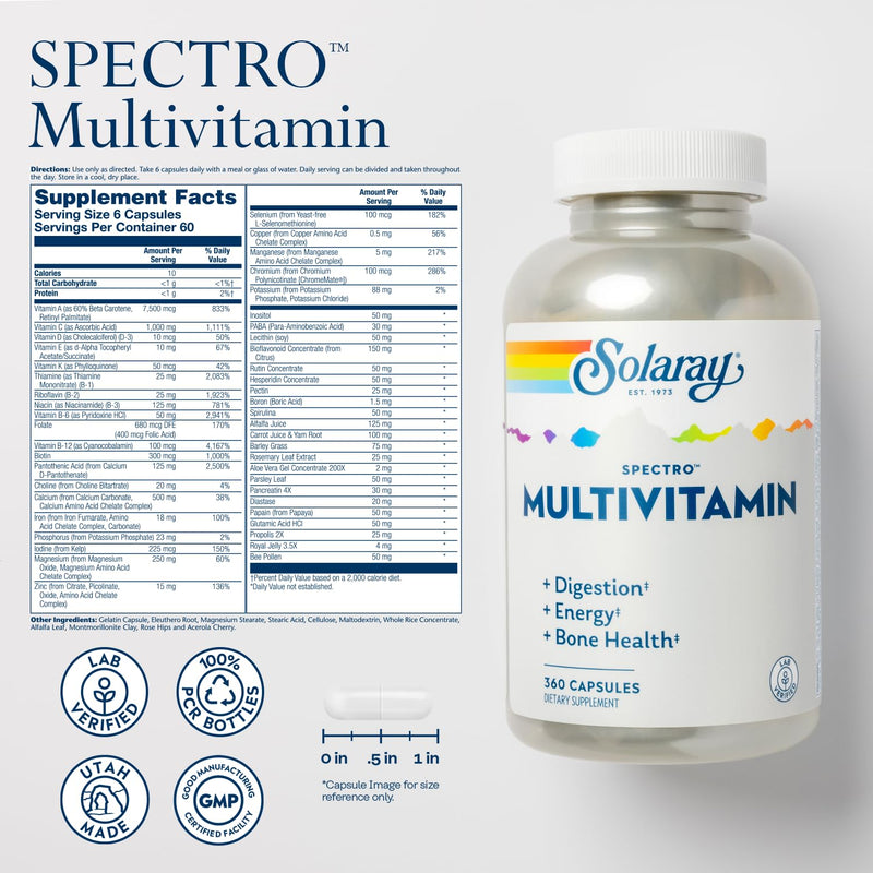 SOLARAY Spectro Multivitamin with Iron - Multi Vitamin with Calcium, Magnesium, Energizing Greens, Herbs & Digestive Enzymes - Digestion, Energy, and Bone Health Support (60 Servings, 360 Capsules) 360 Count (Pack of 1)