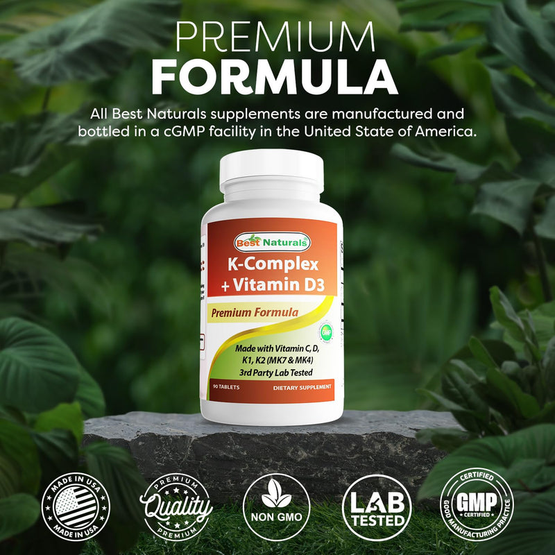 Best Naturals K-Complex with K1 (Phytonadione 1500 mcg + K2 as Menaquinone 100 mcg + K2 as MK-4 1000 mcg) + D3 + VIT. C - 90 Tablets - Made in The USA (Pack of 2) 90 Count (Pack of 2)