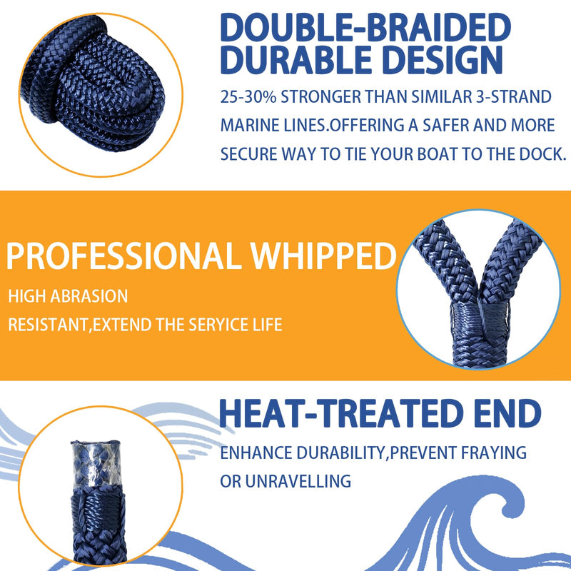Boat Dock Lines & Ropes for Docking, 4 Pack 5/8" x 15ft Marine- Grade Double Braided Nylon Dock Line, Pre-Spliced with a 12" Eyelet, for Kayak Pontoon Boats Boat Dock Accessories 5/8 15ft-4Pack blue