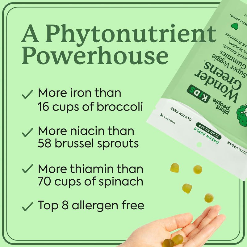 Plant People WonderGreens Kids Super Veggie Gummies, Green Apple, 30 Count | Sugar-Free Greens Gummies for Kids, Allergen-Free Multivitamin for Picky Eaters with Probiotics, Tummy & Immune Support