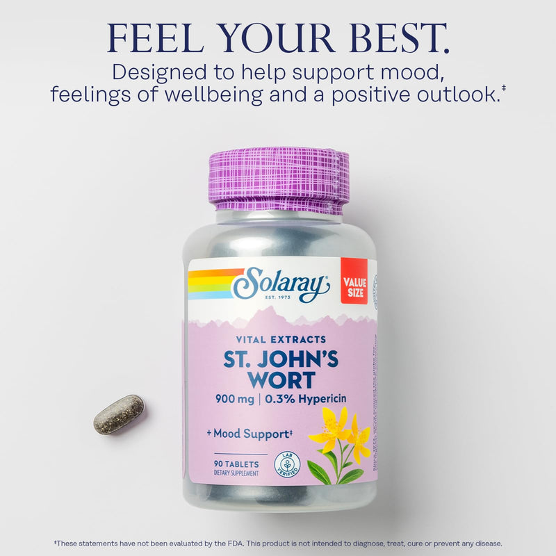 SOLARAY St. Johns Wort Aerial Extract One Daily 900mg | Standardized w/ 0.3% Hypericin for Mood Stability | Non-GMO | 90 Servings | 90 Tablets 90 Count (Pack of 1) - BeesActive Australia