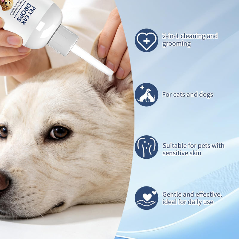 Ear Cleaner for Dogs & Cats, Dog Ear Drops for Soothes Itchy and Wax Build Up, Control Ear Odor, Gently Reduces Discomfort, 60 ml