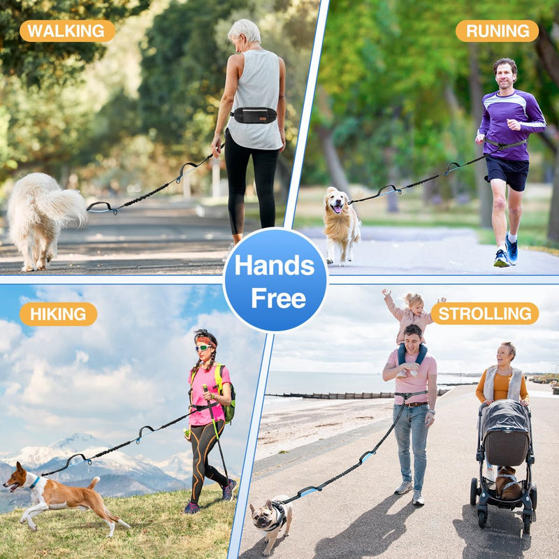 Kytely Hands Free Dog Leash with Zipper Pouch, Wide Padded Waist Dog Running Leash for Medium and Large Dogs, Dual Padded Handles, Retractable Bungee for Walking Jogging Training Hiking Black/Blue For 1 Dog