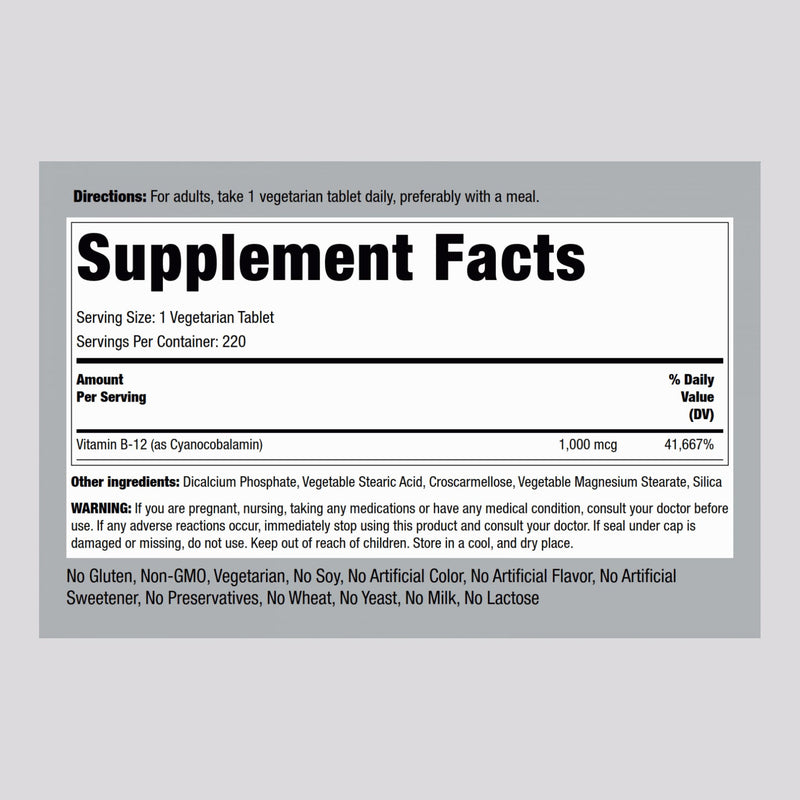 Piping Rock Vitamin B12 1000 mcg | 220 Tablets | as Cyanocobalamin | Vegetarian, Non-GMO, Gluten Free Supplement
