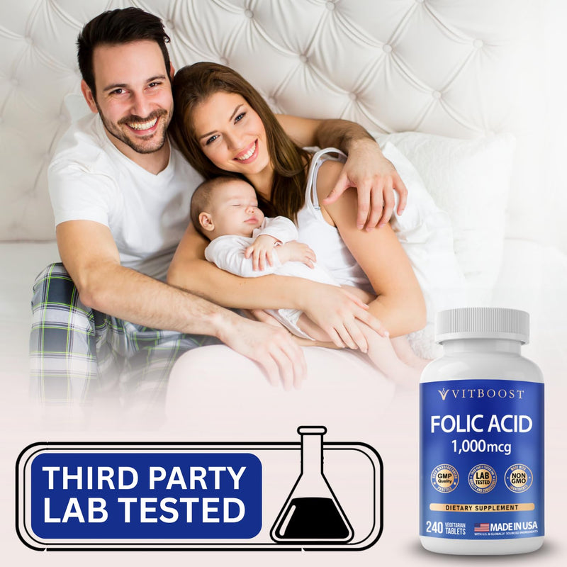 Folic Acid 1000 mcg (1667 mcg DFE) - Vitamin B9 Supplement, 240 Tablets | Non-GMO Tablets, Third Party Tested, Made in USA, Vegetarian, Supports Overall Wellness and Daily Nutrition 240 Count (Pack of 1)