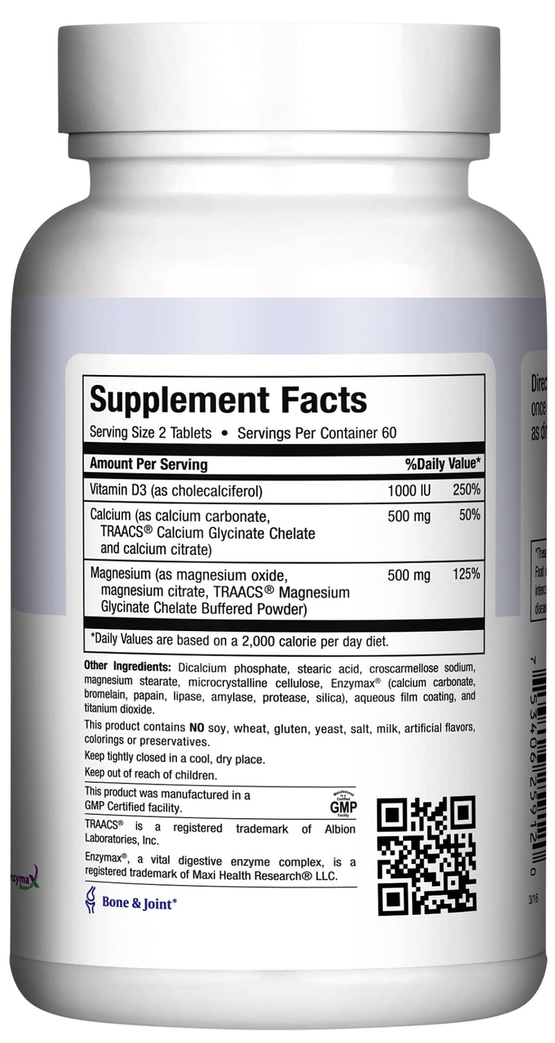 Maxi Health® Calcium Supplement 500mg with Magnesium & D3 (120 Tablets) | Kosher | 500mg Calcium, 500mg Magnesium & 1000 IU D3 | Bone, Teeth & Joint Support | Doctor Formulated Unflavored 120 Count (Pack of 1)
