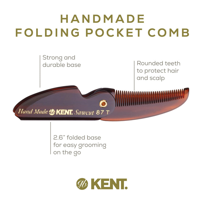 Kent 87T Handmade Folding Pocket Comb for Men, Fine Tooth Hair Comb Straightener for Everyday Grooming Styling Hair, Beard or Mustache, Use Dry or with Balms, Saw Cut Hand Polished, Made in England Pack of 3 Tortoiseshell