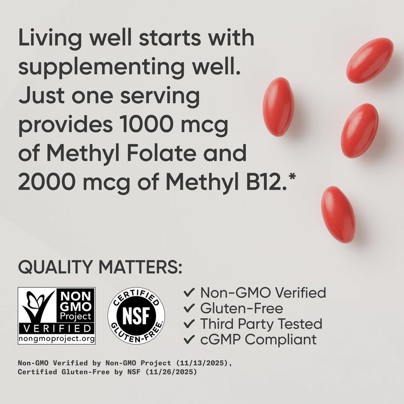 Sports Research® 5-MTHF Methyl Folate w/Methylated B12, 90 Count Plantgels | 1000mcg L-Methylfolate & 2000mcg Methylcobalamin for Cellular Energy Support | Vegan B12 w/Coconut Oil | Non-GMO, Gluten Free