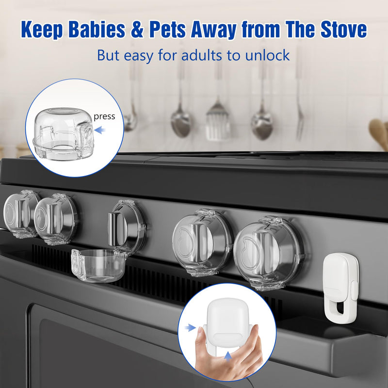Stove Knob Safety Covers for Child (5 + 1 Pack), Upgraded Universal Size Press Gas Stove Covers with Adhesive, Heat-Resistant Childproof Oven Knob Locks for Kids and Pets (Clear) Clear - BeesActive Australia