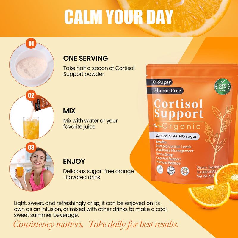 Cortisol Reducer Drink Mix Powder, Refreshing Orange Supplement with Ashwagandha, Magnesium Glycinate & L-Theanine for Calm, Focus Stress Response Support Bulk Resealable Bag with Scoop (60 Servings)