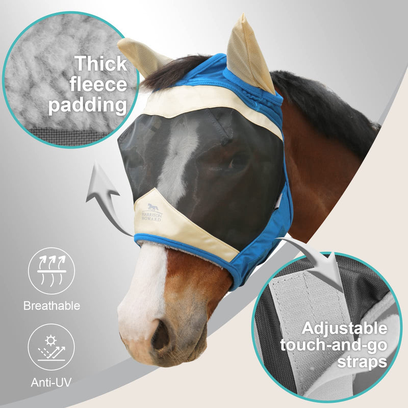 Harrison Howard Luxe Dual-Tone Horse Fly Mask Half Face with Ears Fully Visible UV-Blocking Fine Mesh Soft Fleece Edging for Extra Comfort Champagne Gold/Teal M Cob Cob (Medium) - BeesActive Australia