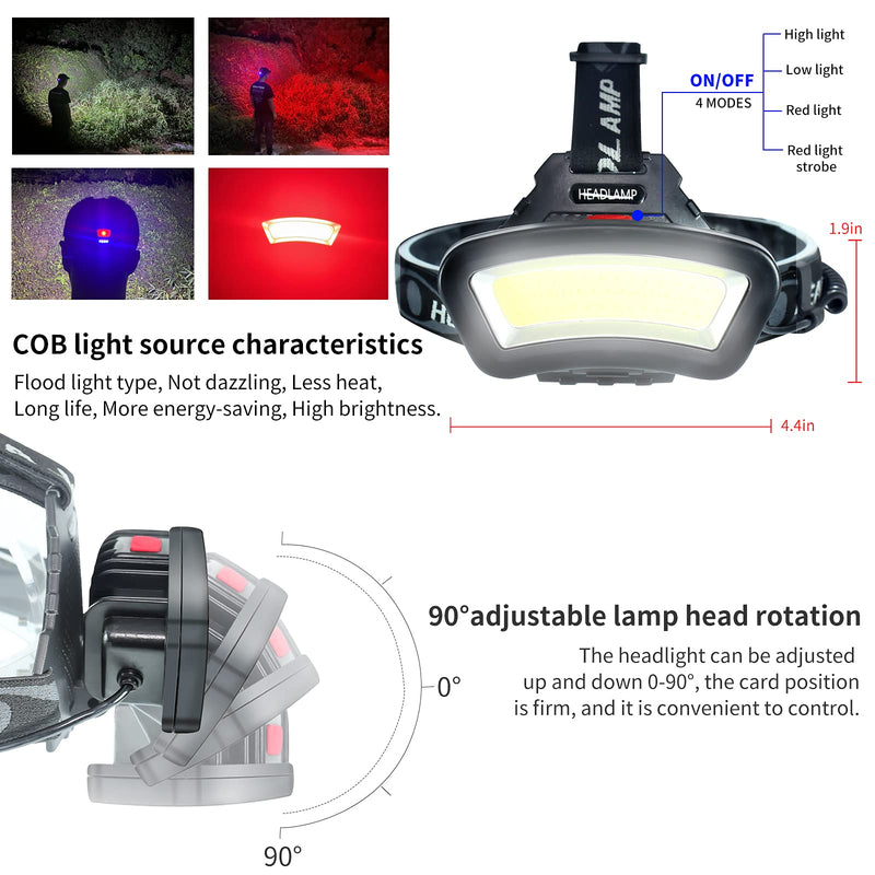 DARKBEAM Hard hat Headlamp COB LED Floodlight with Red Light USB Rechargeable 2000 Lumen - Car Maintenance and Night Construction - Included Rechargeable Battery Last for 6-10 Hours