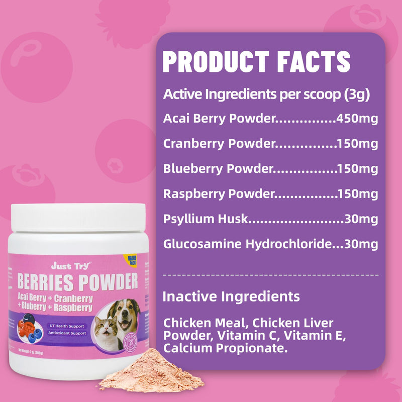 Just Try Berries Powder Dog Cranberry Supplement Urinary Tract for Dogs UTI Treatment D Mannose Powder Cat UTI Remedy Cat Supplements - 7 OZ