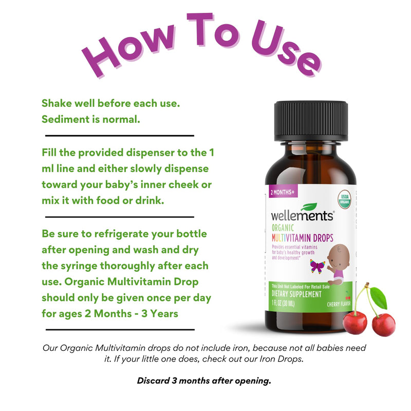 Organic Liquid Baby Multivitamin Drops Cherry Flavor (1 Fl Oz) 2 Months+ | Multivitamins Drops for Infants & Toddlers - Toddler Vitamins for Immune Support*, Healthy Growth & Bone Development*