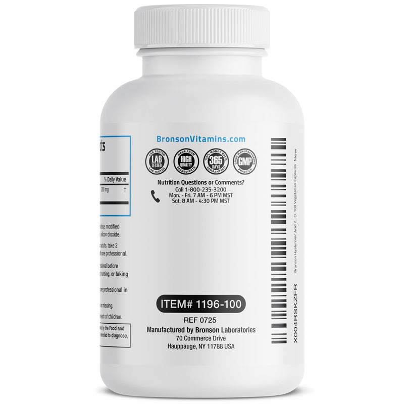 Bronson Hyaluronic Acid 200 mg as Sodium Hyaluronate, 100 Capsules | Joint Health & Skin Hydration Support, High Potency Formula, Vegetarian, Non-GMO, Gluten-Free & Soy-Free 100 Count (Pack of 1)