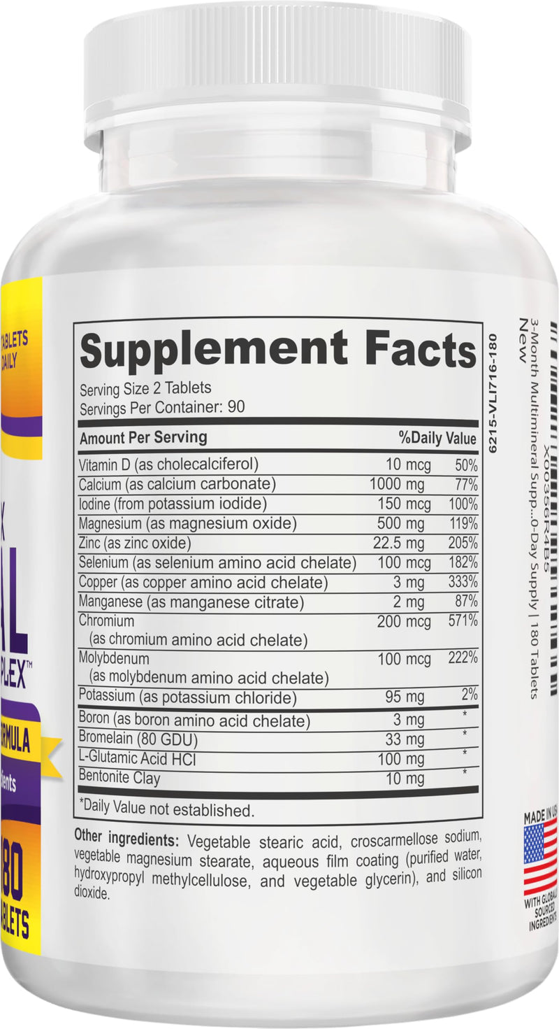 3-Month Multimineral Supplement Support Iron-Free Formula | Daily Multiminerals | Multi-Mineral Supplements | Minerals Complex | 90-Day Bulk Supply | 180 Tablets Unflavored 180 Count (Pack of 1)