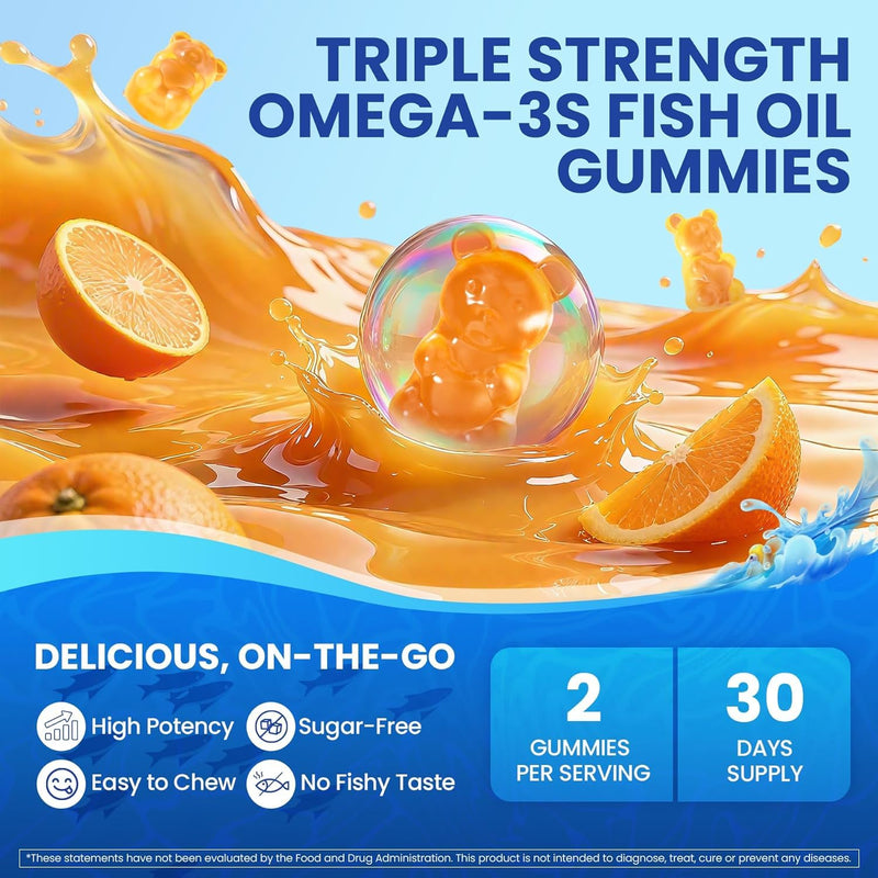 Fish Oil Omega 3 Gummies 1500mg for Adults, Triple Strength Omega-3 EPA DHA | Sugar Free Omega 3 Fatty Acid Supplements, 800mg EPA + 400mg DHA w/ CoQ10, Red Yeast Rice, Wild Caught, Burpless,120 Cts 60 Count (Pack of 2)