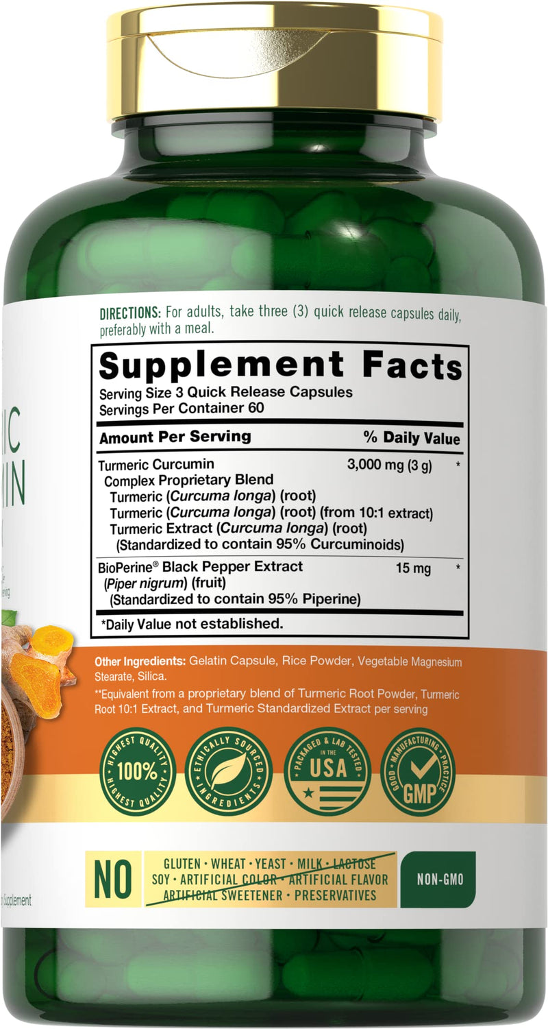 Carlyle Turmeric Curcumin with Black Pepper | 3000mg 180 Capsules | Curcuminoids and Bioperine Supplement | Non-GMO, Gluten Free - BeesActive Australia