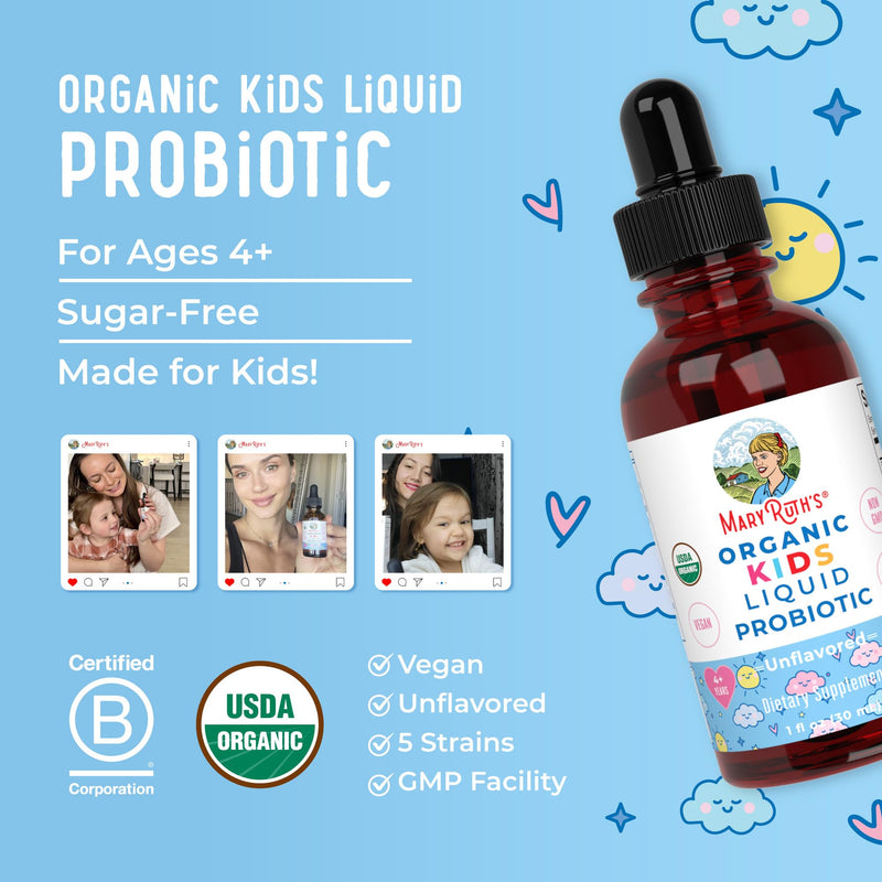 MARYRUTH'S Kids Probiotic Liquid Drops, Ages 4+, Gut Health, Immunity, 1 Oz | USDA Organic, Digestive Health, Ages 4+ Gut Health & Immune Support, Vegan, Non-GMO, 1 Fl Oz