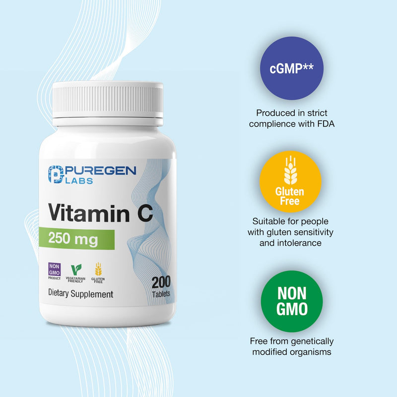 Puregen Labs Vitamin C 250 MG Supports a Healthy Immune System & Antioxidant Protection | Non-GMO | Gluten Free - 200 Tablets 1